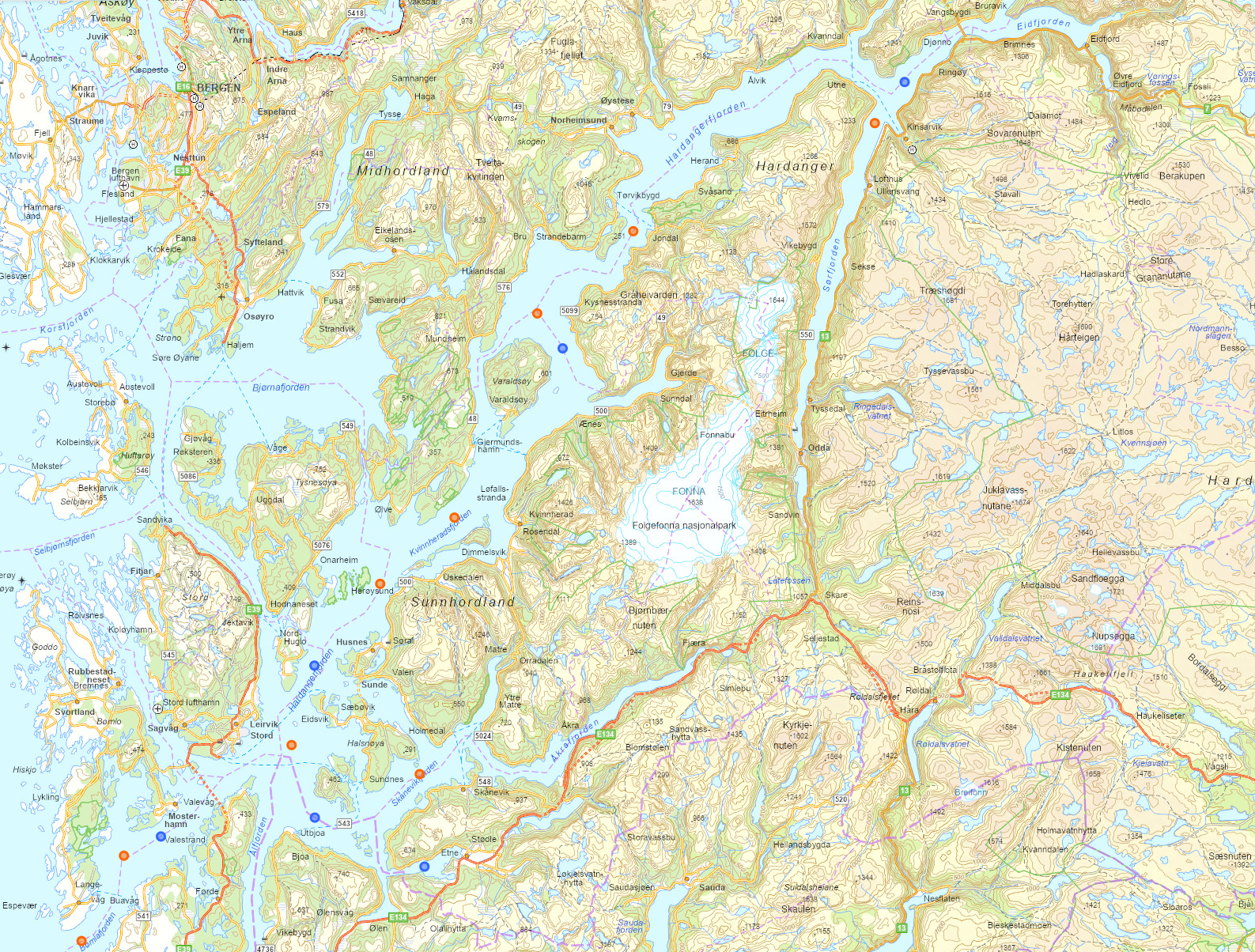 Kart over Vestland fylke