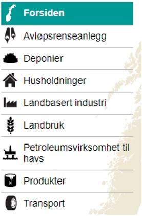 Hovedmeny Norske utslipp, hovedmeny