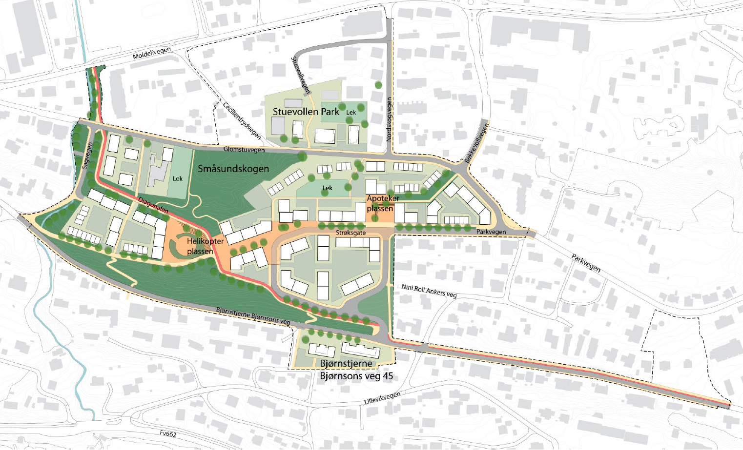 Illustrasjonsplan som viser planområdet for Lundavang og Stuevollen.