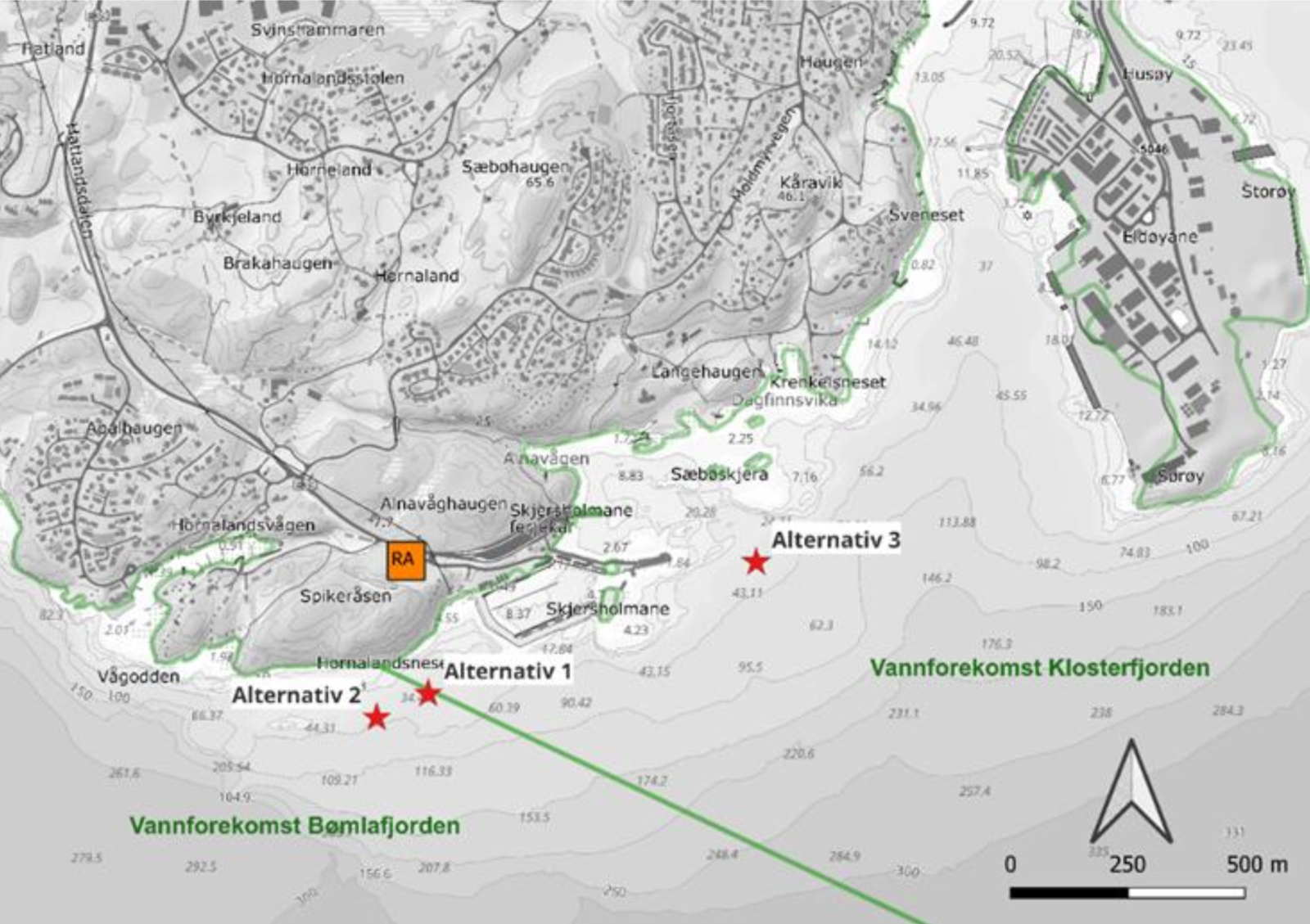 Kart som viser plassering av det planlagde nye avløpsreinseanlegget (RA) og aktuelle utsleppspunkt som er under vurdering.