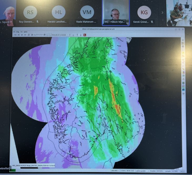 Skjermdump fra digitalt møte, viser nedbørsmengde på 