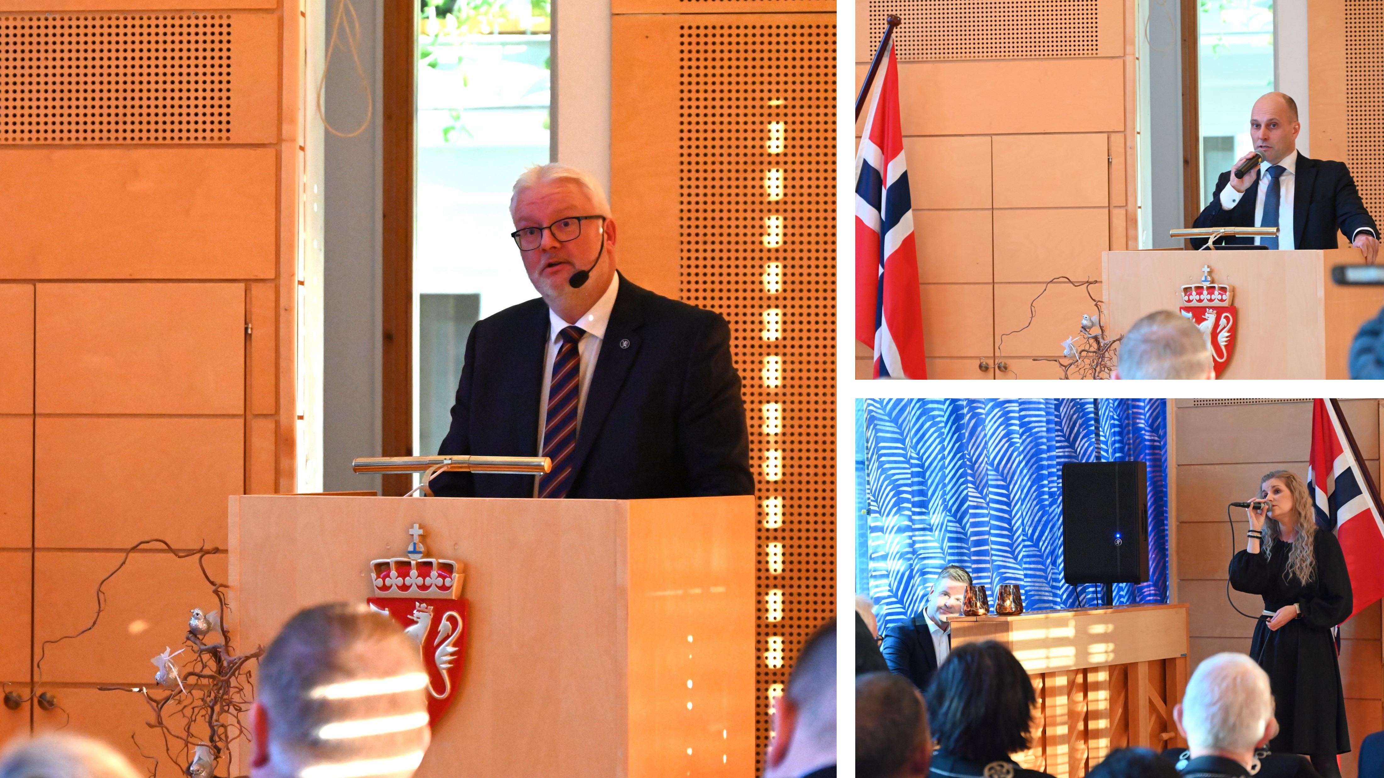 Til venstre statsforvalter Frank Jenssen, øverst til høyre Torbjørn Aas direktør for NAV Trøndelag og nederst til høyre Therese Aalberg (sang) og Daniel Aalberg (piano). Statsborgerseremoni 2023.jpg