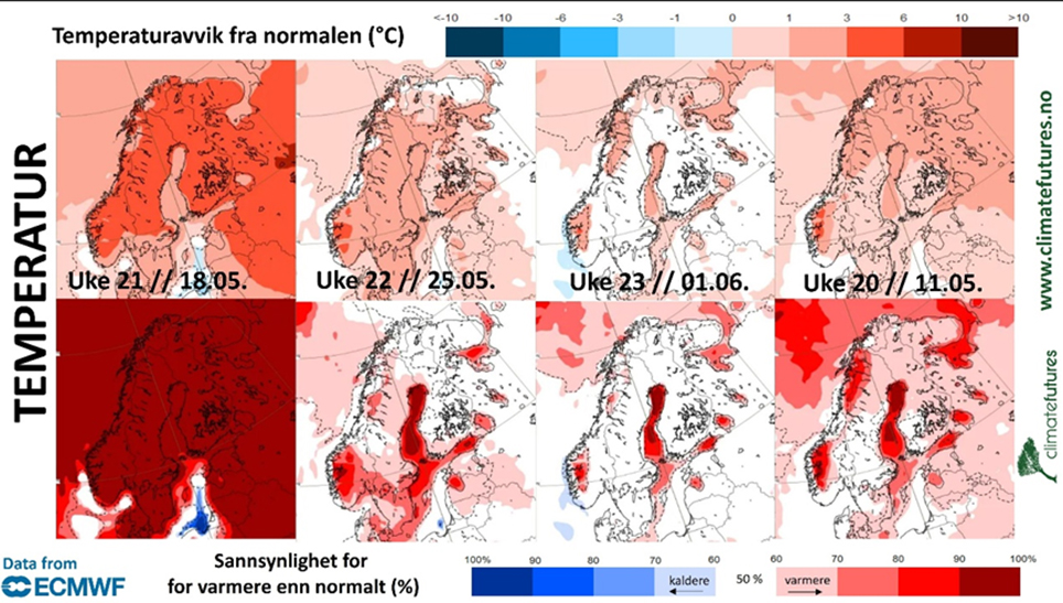 Kart med vêrprognoser som viser at det er svært sannsynleg at Møre og Romsdal får det varmare enn normalt i veke 21.