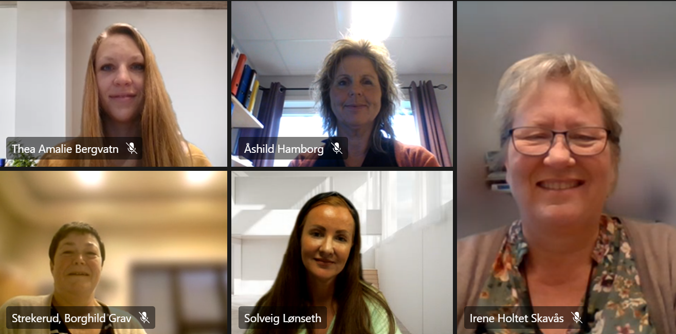Kommunekontaktene presenterte motivasjon og ønsker for deltakelse i Matgledekorps-prosjektet. Øverst fra venstre: Thea Amalie Bergvatn, klinisk ernæringsfysiolog i Aurskog-Høland, Åshild Hamborg, avdelingsleder for hjemmesykepleie og kortidsrehabilitering, og har ansvar for kjøkken i Marker, Irene Holtet Skavås, enhetsleder for sykehjemmene Grinitun og Høbøl i Indre Østfold, Solveig Lønseth, kjøkkensjef for sykehjemmene i Lørenskog, og Borghild Strekerud, kjøkkensjef i Rakkestad.
