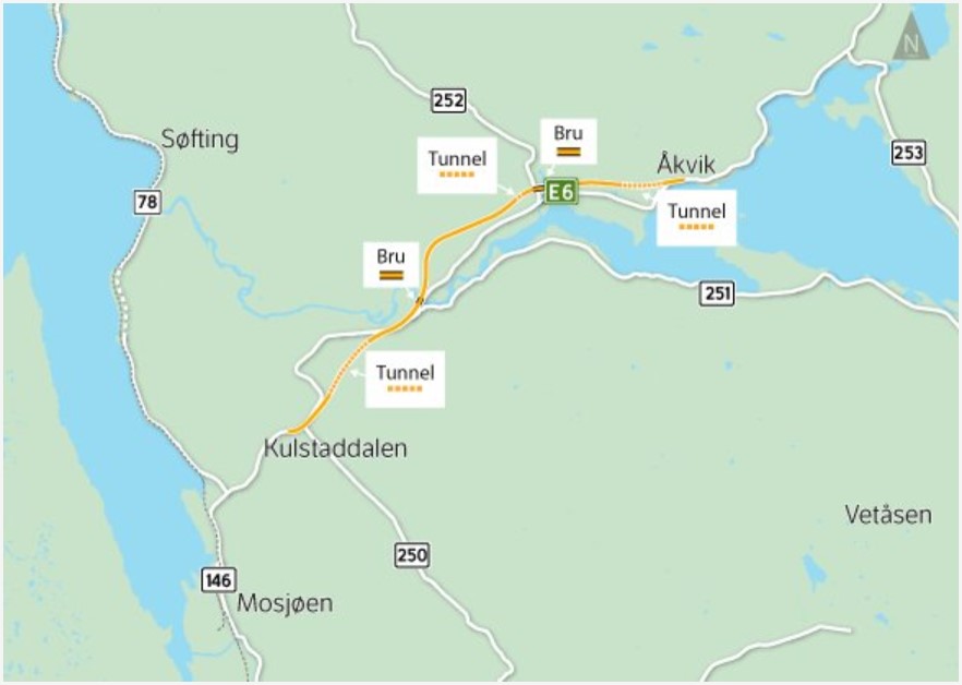 Parsell Kulstaddalen nord - Åkvik (Kartutsnitt: Statens vegvesen) Parsell Kulstaddalen nord - Åkvik (Kartutsnitt: Statens vegvesen)