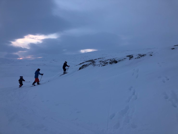 Tre barn på ski på forblåste rabber i høgfjellet.