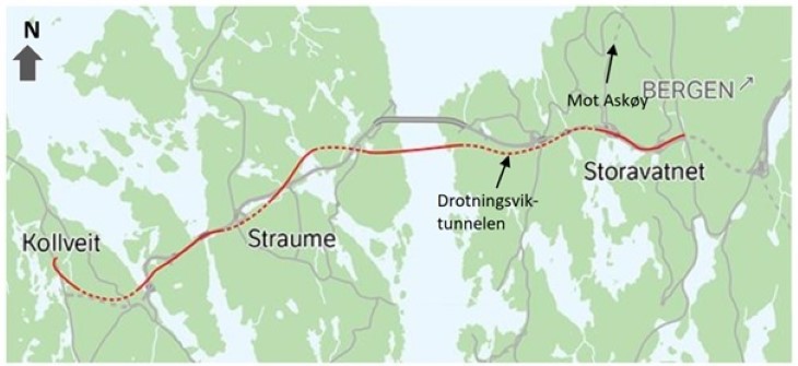 Figur 1: Oversikt over nye Sotrasambandet mellom Storavatnet i Bergen og Kolltveit i Øygarden. Tunnelar er vist med stiplet linje.