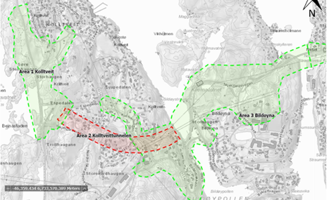 Oversiktskart som viser strekningen A1 Kolltveit, A2 Kolltveittunnelen og A3 Bildøyna, Raud stipla linje markerer tunnelen. 