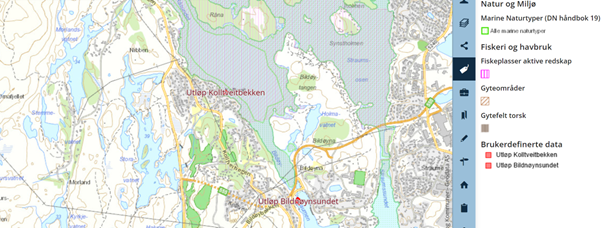 Kart over utsleppspunkt og fiskeriinteresser