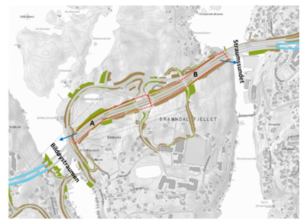 . Kart som viser utsleppspunkt for vegvatn – Bildøyna i driftsfasen. Område A viser den delen av vegvatn som vil bli leda til Bildøystraumen, mens område B blir leda til Straumssundet