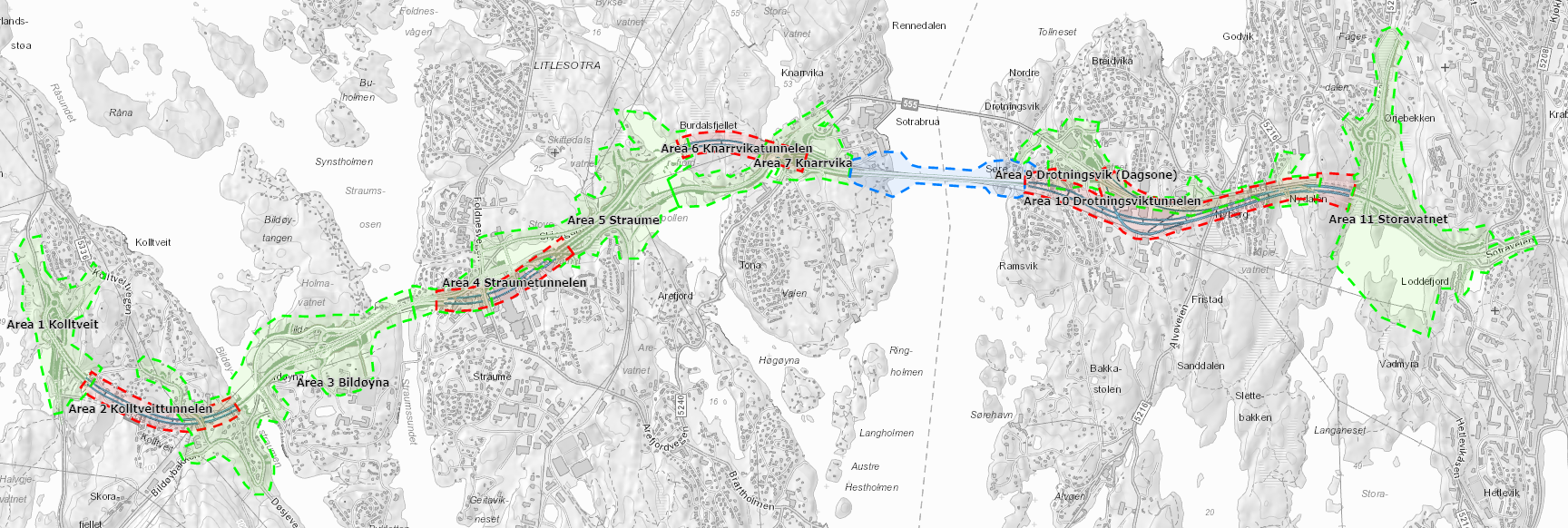 Oversikt over delstrekningar i Sotrasambandet, ny riksveg 555