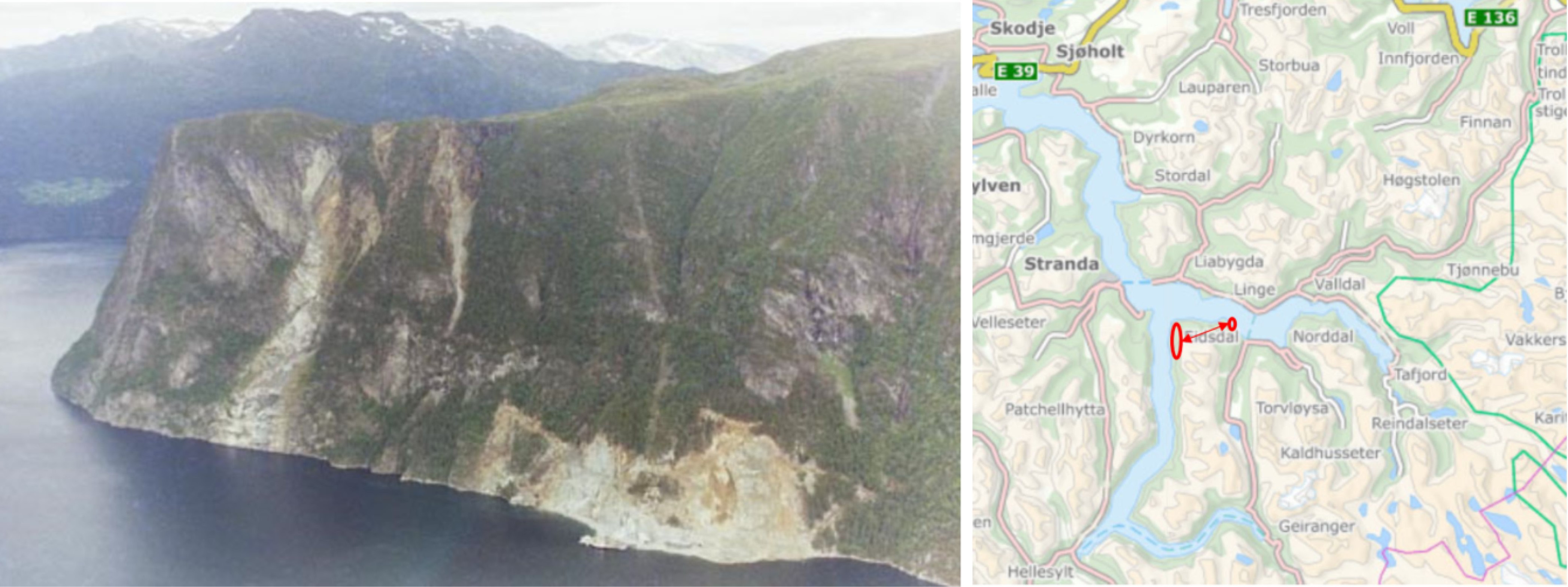 Bileta viser området der oppdrettsanlegget er planlagt. Det er markert med to raude ringar i kartet til høgre. Bileta er henta frå planprogrammet "Områderegulering med KU, Raudbergvika – Eidsdal, Fjord Kommune" , Nordplan.