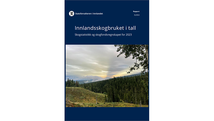 Skjemdump av rapportfremside - innlandsskogbruket i tall 2023. Foto av skog på fremsiden av rapporten. 