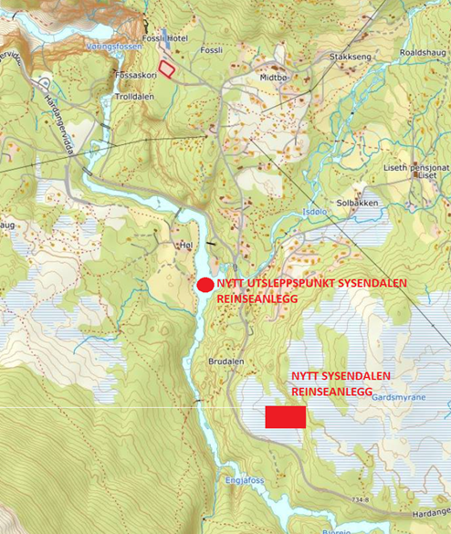 Kart som viser plassering av nytt renseanlegg og utsleppspunkt