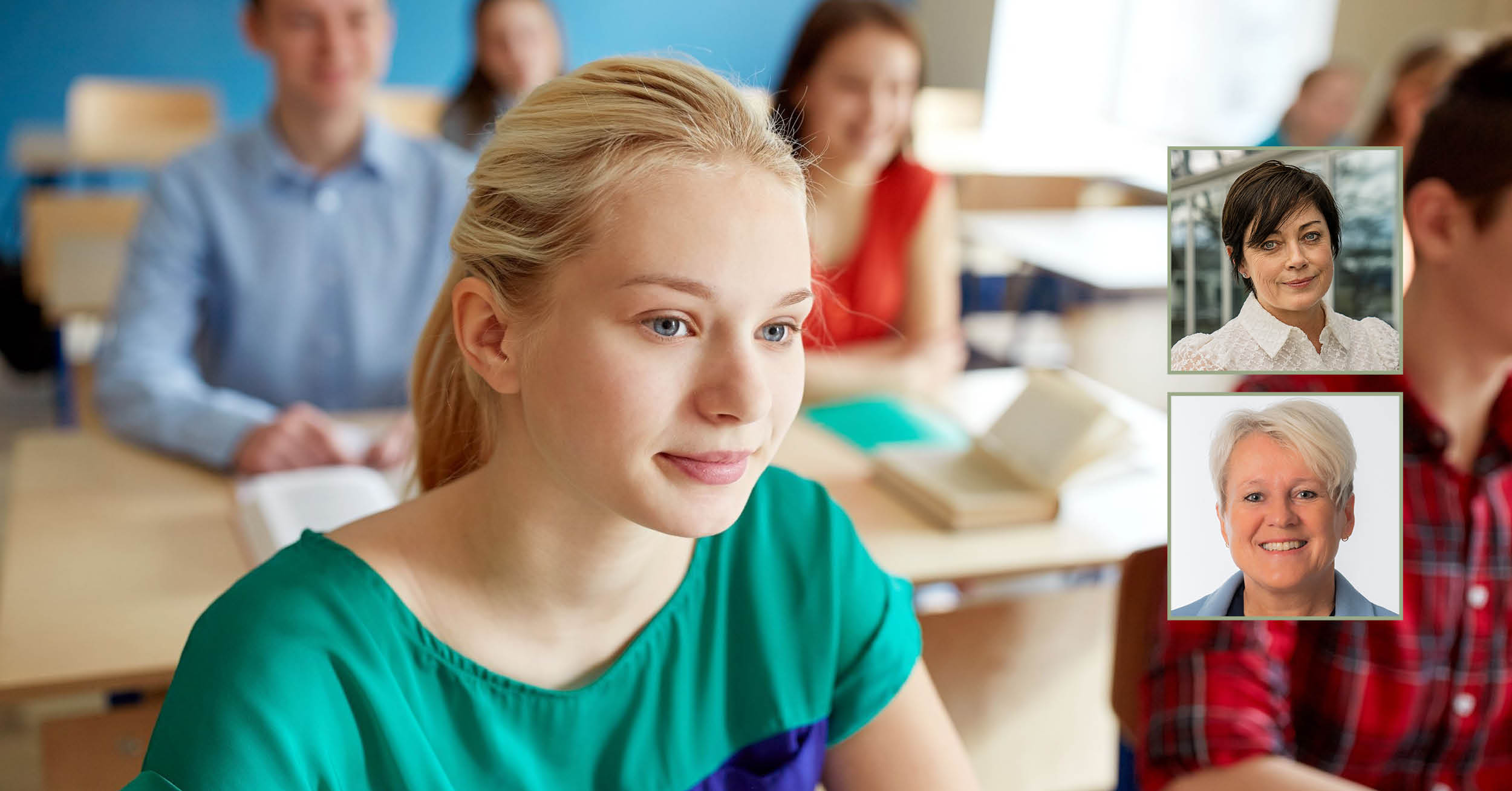 Bilde av jente på skolen, og portrett av de to forfatterne. 