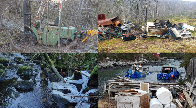 kassert køyretøy, plasavfall i elv, skrot som er delvis oppbrent, båter som holder på å synke