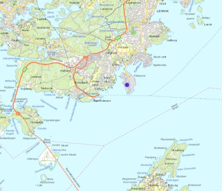 Anlegget til Renevo AS sitt biogassanlegg er markert med ein blå prikk på kartet. Anlegget ligg på Eldøyane i Stord kommune. 