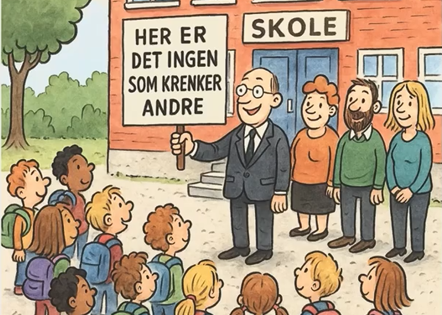 En rektor holder opp en plakat utenfor skolen. Det står "Her er det ingen som krenker andre". 
Lærere står ved siden av ham og smiler, og barna i skolegården smiler. Bildet er tegnet, KI-generert. 