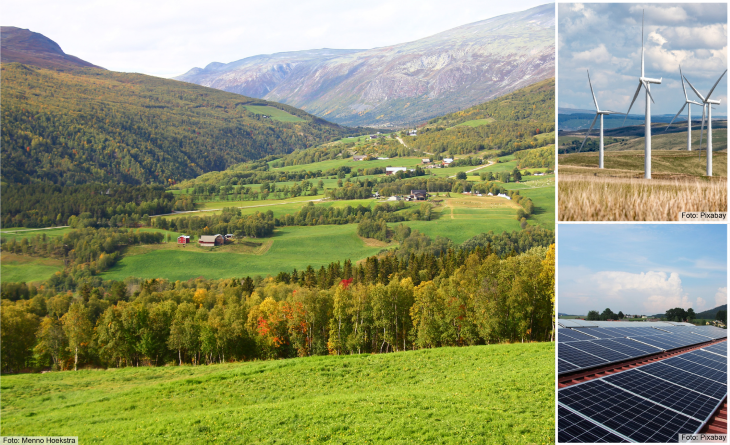 Landskap, vindmøller og solcellepanel