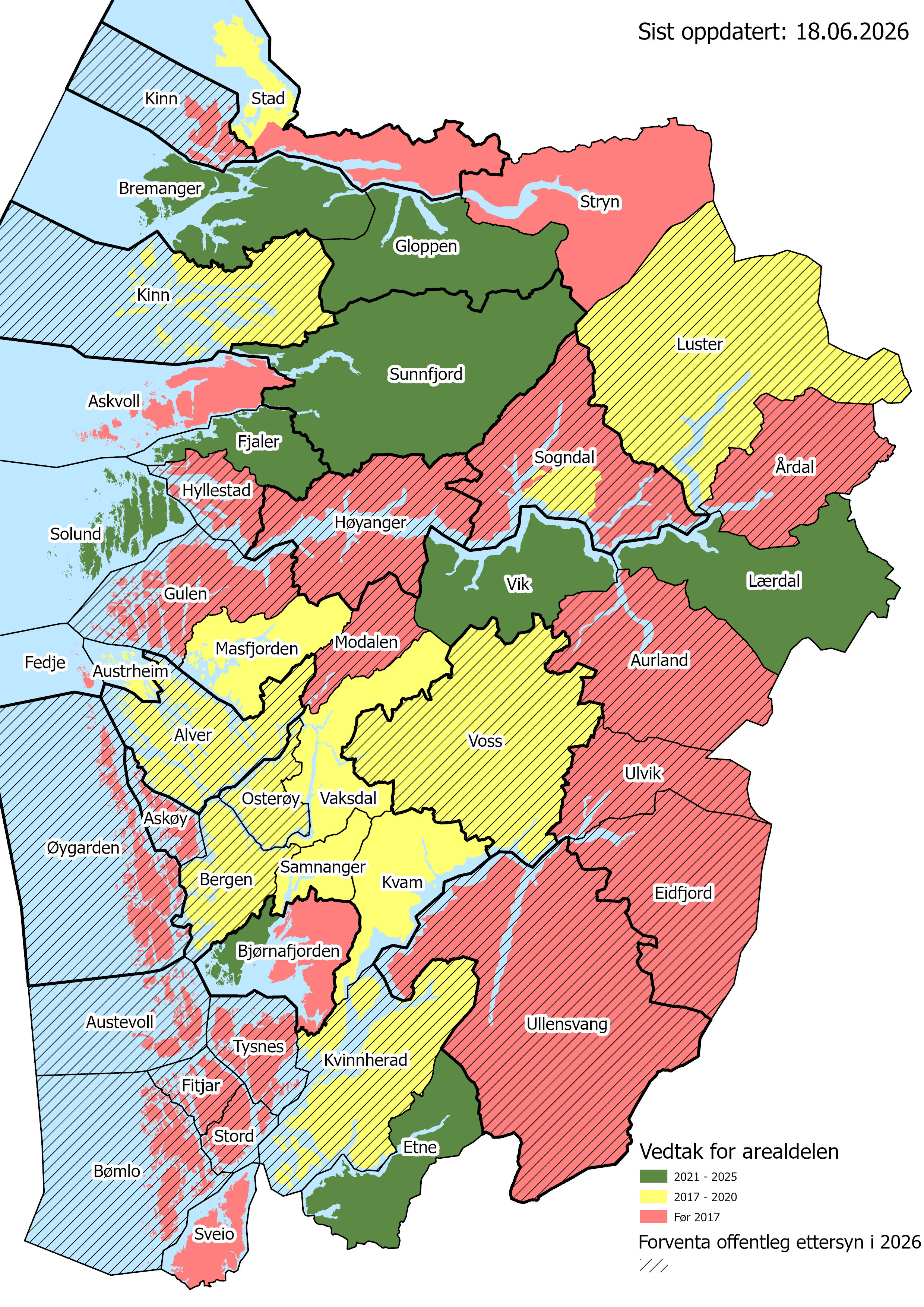 kart for vestland med farger og skravur på kommunane