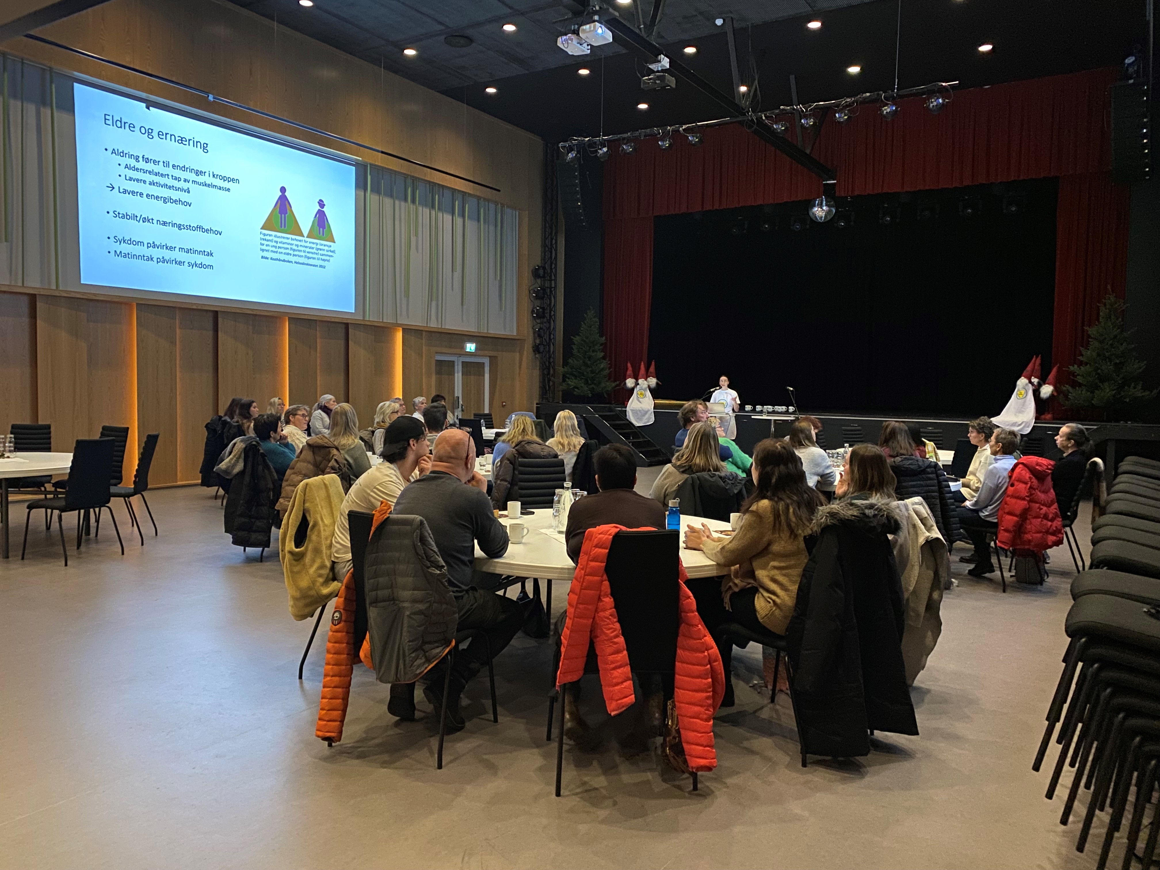 Bilete viser ernæringsfysiolog Anna Øien Sønslien som held foredrag på Larsnes i Sande kommune. 