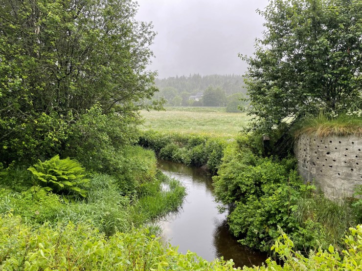 Haukåselva i Bergen kommune langs E39, til høgre i bilete er eit svale-hotell. 