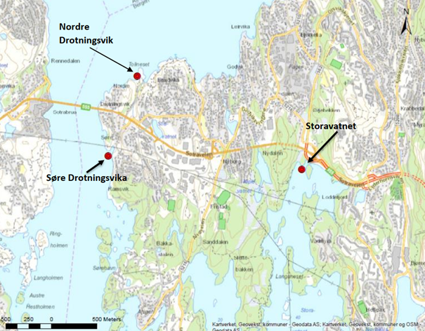 Plassering av  utsleppspunkt i anleggsfasen; Storavatnet, Nordre Drotningsvik og Søre Drotningsvik. Utsleppa gjeld tunnelvatn frå driving av Drotningsviktunnelen og anleggsvatn frå dagsoner ved Storavatnet og Drotningsvik.