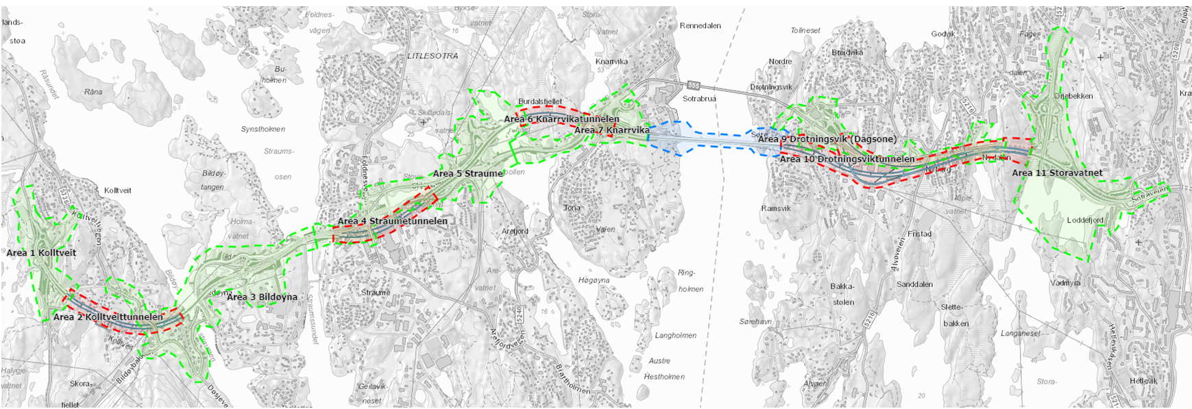 Oversikt over delstrekningar i Sotrasambandet, ny riksveg 555