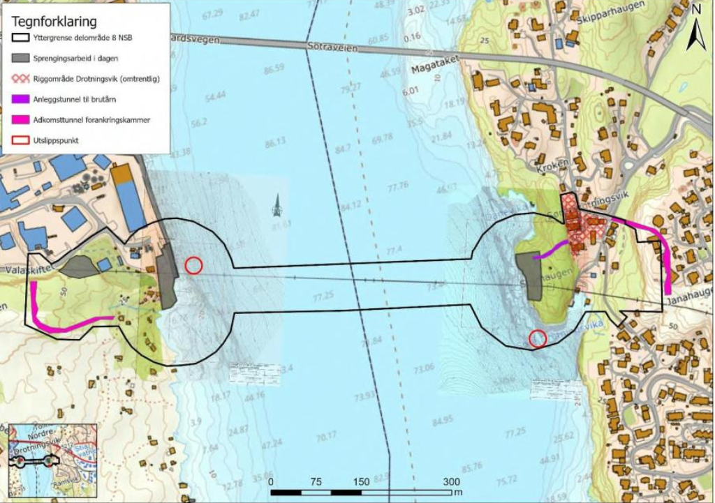 Reinsa anleggsvatn vil ha utslepp til sjø, illustrert med dei raude ringane på begge sider av Vatlestraumen.