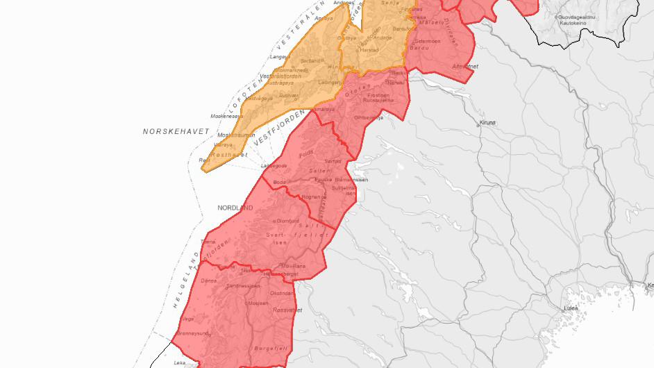 Kart over Nordland der enkelte områder er markert rødt og oransje.