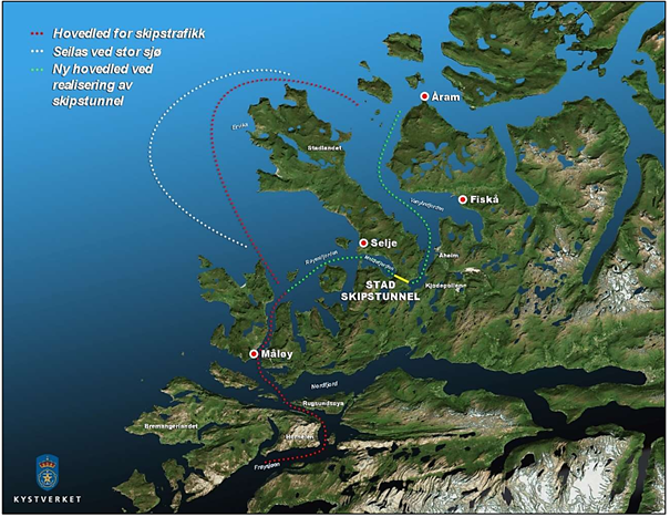 Kart som visar dagens hovudlei (raudt), alternativ lei ved stor sjø (kvitt) forbi Stadlandet, samt ny hovudlei (grønt) gjennom Stad skipstunnel (gult). Stad skipstunnel skal gå mellom Moldefjorden og Kjødepollen i Stad kommune. Denne figuren er henta frå søknaden.