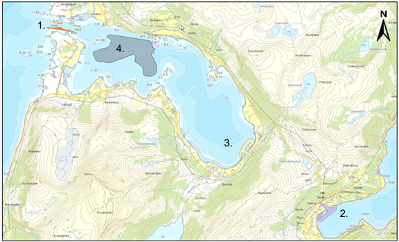 Oversiktskart som viser utdjupingsområdet i Saltasundet (1.), sjødeponiet i ytre Moldefjord (4.), og utfyllingsområda og entringsområda i indre del av Moldefjorden (3.) og Kjødepollen (2.). Figuren er henta frå søknaden. 