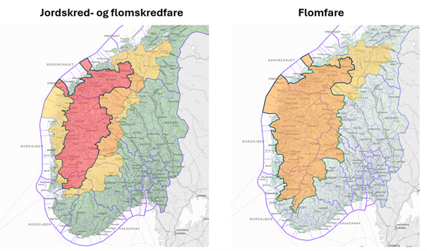 Kart over oransje flomskred og rød jord- og flomskredfare.
