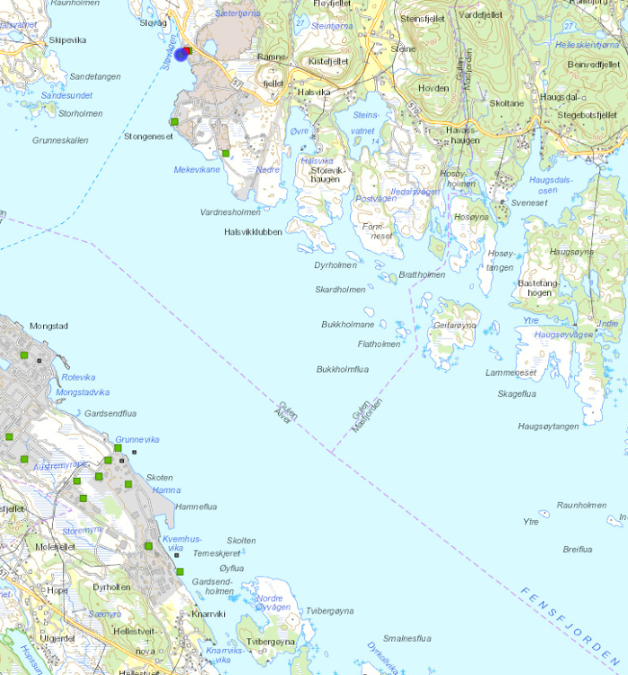 kartutsnitt av sjø og land Mongstad, Fensfjorden, Sløvågen