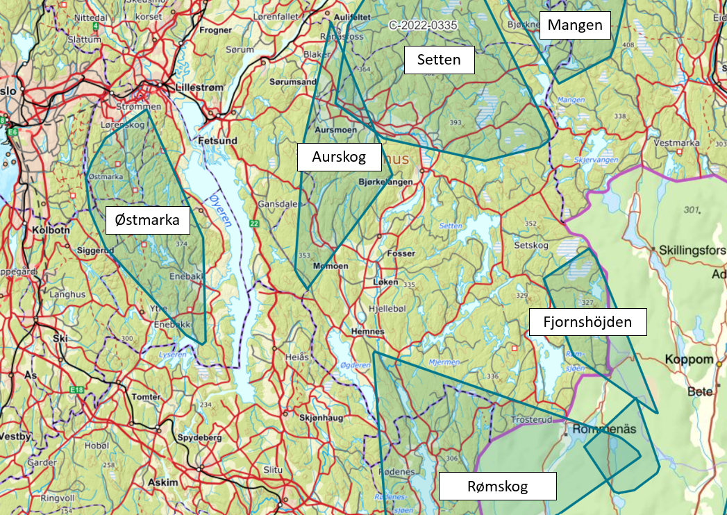 Kart som viser omtrentlig utbredelse av ulverevirer i Akershus i fjor vinter (2022/2023). 