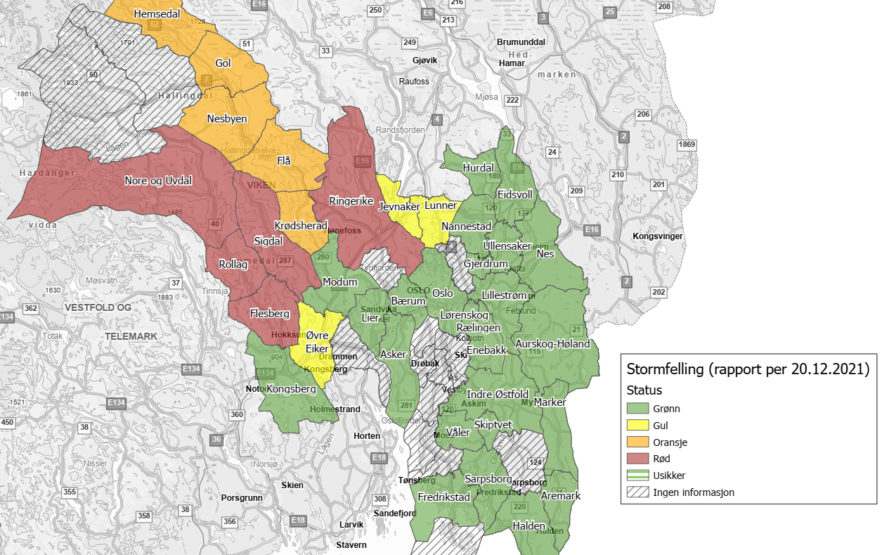 Oversikt pr. 20. desember over nivået av skadeomfang, meldt inn av skogbrukssjefene i kommunene i Oslo og Viken. Kartet er produsert av Statsforvalteren i Oslo og VIken.