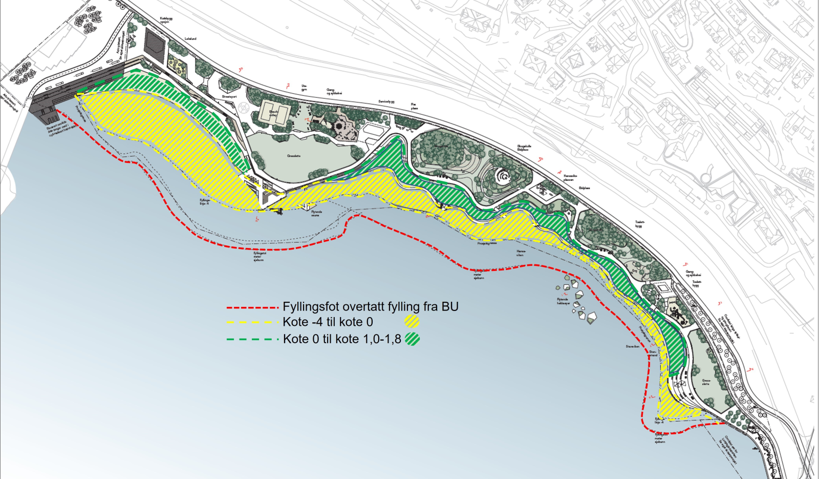 Kart av ferdig anlegg. Areal med arbeid i sjø med gul skravur. Areal med arbeid i flo/fjæresone med raud skravur