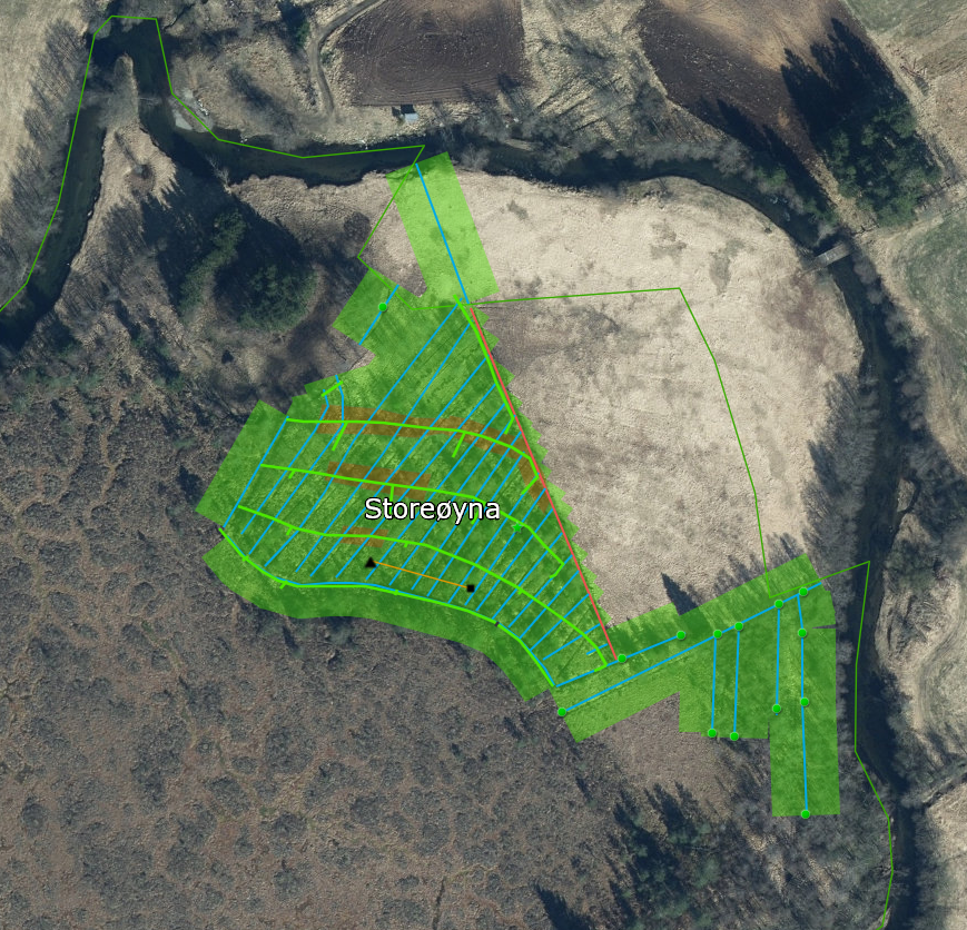Oversikt over tiltaket i ArcGis Oversikt over tiltaket i kartprogrammet ArcGis. Her er demningar og pluggar teikna inn.