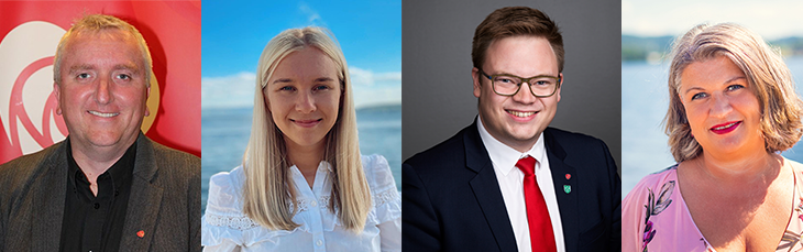Blant gjestene i det digitale møtet er fire engasjerte politikere fra Innlandet. De vil dele sine erfaringer med hatefulle ytringer. 
Fra venstre:  Bjørn Jarle Røberg Larsen (Arbeiderpartiet), Gjertrud Nordal(Høyre), fylkesordfører i Innlandet Even Aleksander Hagen og Ringsaker-ordfører Anita Ihle Steen. 