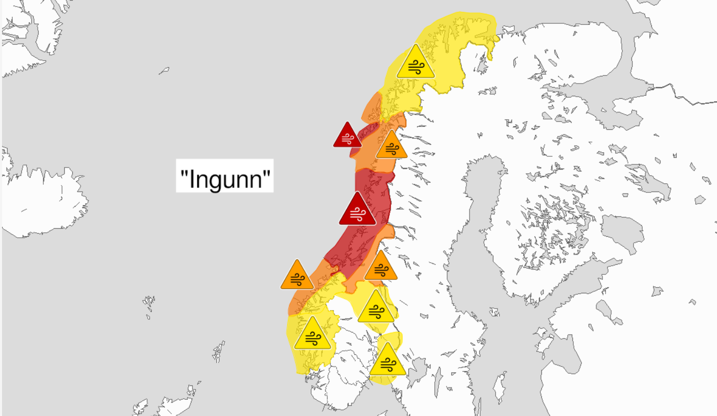 kart over vinder med farge, gul, oransje og rødt