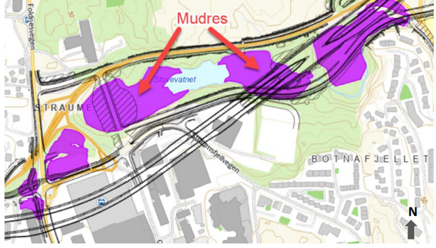 Kart over område, med symbol for masseutskiftning og mudring. 