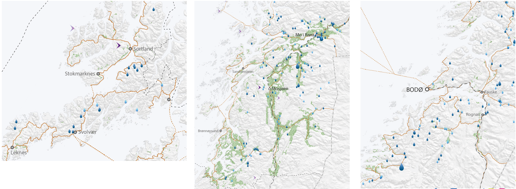 Tre kartutsnitt som viser hvor de mest hogstmodne skogressursene i Nordland befinner seg. Transportårer (veier, jernbane). Anlegg for energiproduksjon (vann- og vindlraft).