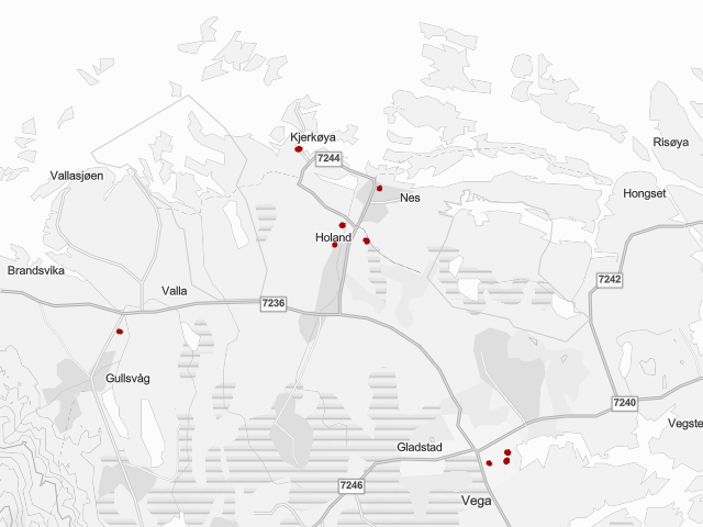 De 9 kjente lokalitetene ligger nord på Vega.