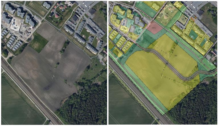 Venstre flyfoto viser fulldyrka jordbruksareal. Høyre flyfoto viser planlagt boligområde på det samme arealet. (Kartproduksjon: Statsforvalteren i Østfold, Buskerud, Oslo og Akershus. Kilde: Norge digitalt)