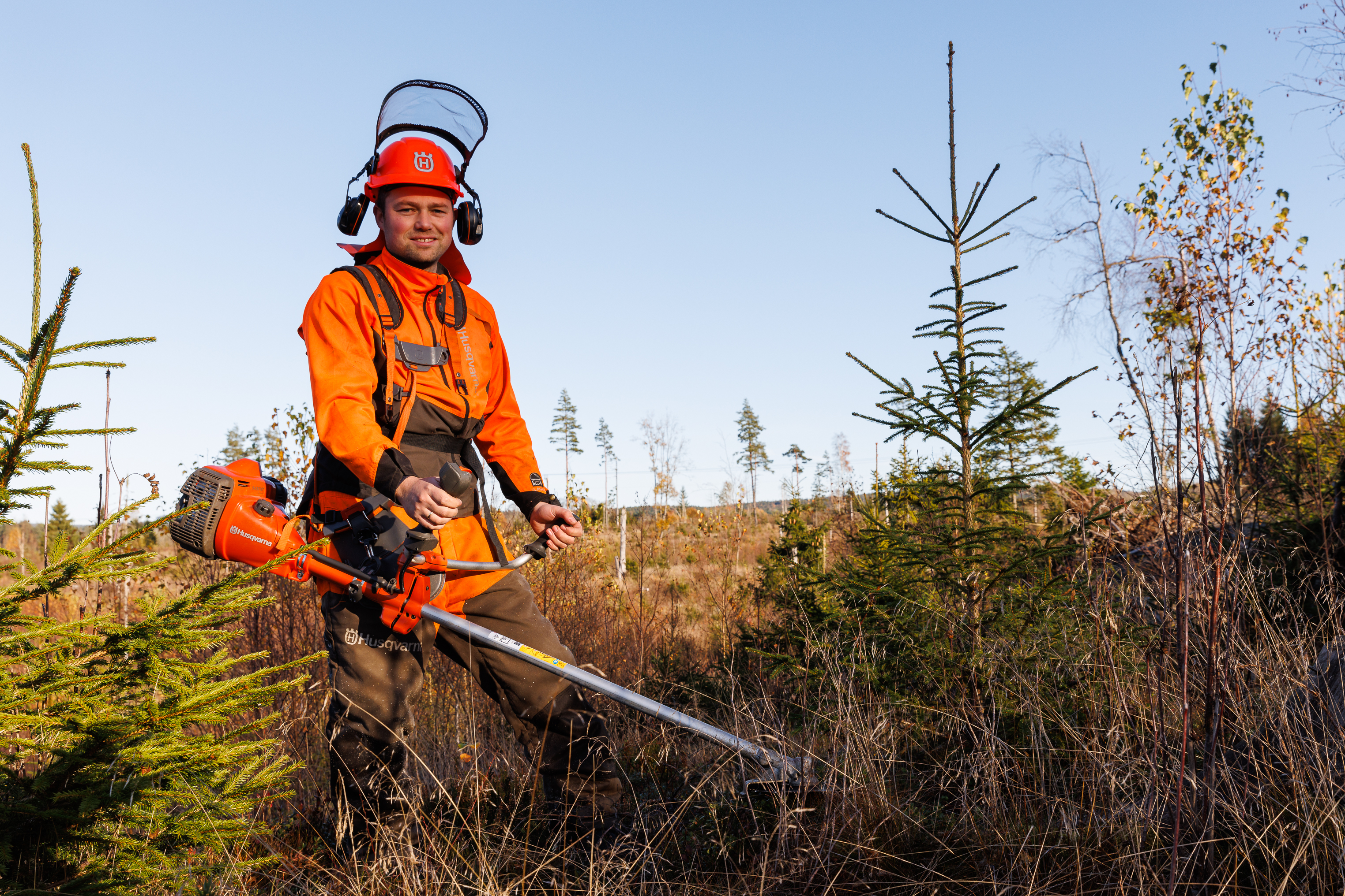 Mann med verneutstyr bruker ryddesag i ung skog.