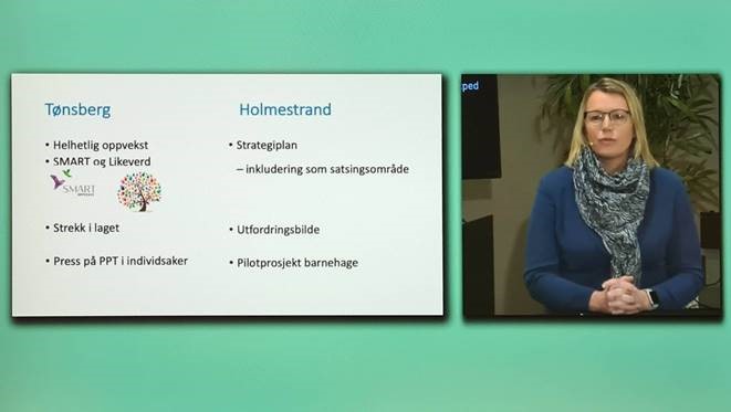 Kompetanseløftet konferanse 21002.21, Christine Scott, PP-rådgiver i Re kommune. 

I Vestfold og Telemark fylke har Holmestrand og Tønsberg kommune vore med frå 2020.

Bakgrunn for at dei ønska å delta:
Det var 11 kommunar som meldte interesse om å verte med i ordninga frå hausten 2021. Dei 8 kommunane som får vere med frå 2021 skal bruke hausten 2021 og våren 2022 til  kartlegging og analyse. Frå 2022 blir det ei ytterlegare opptrapping.
