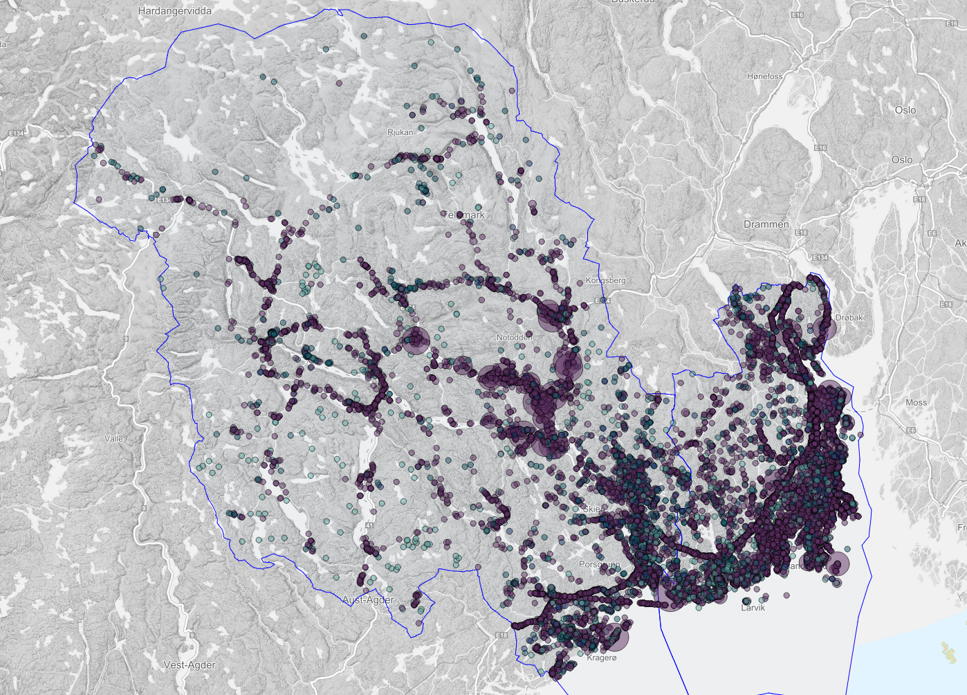 Kart som viser utbredelse av fremmede arter i kategoriene lav, høy, potensielt høy og svært høy risiko for norsk natur Kart som viser utbredelse av fremmede arter i kategoriene lav, høy, potensielt høy og svært høy risiko for norsk natur
