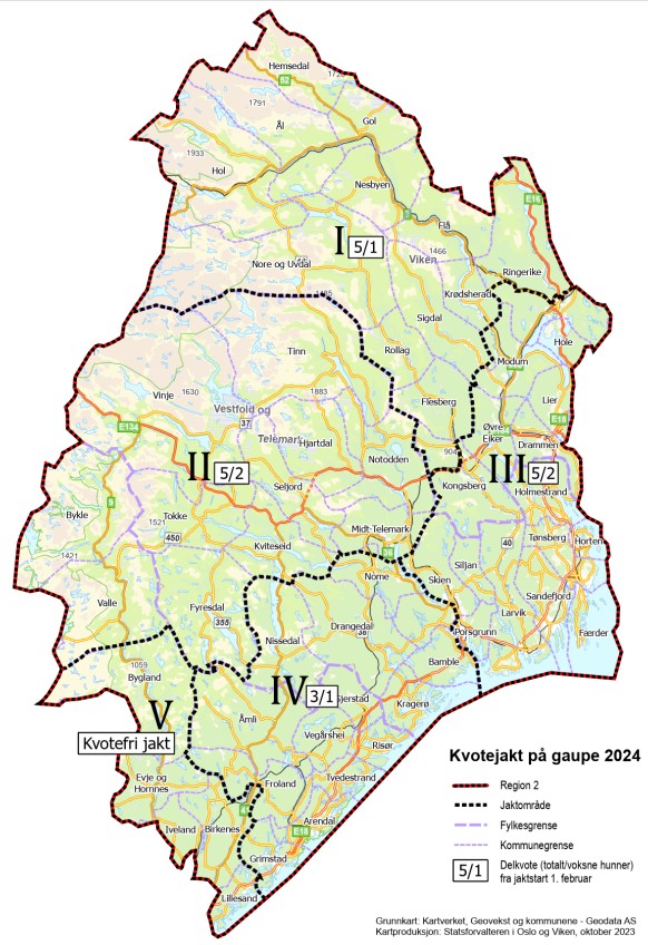 Kart over jaktområdene for gaupe i rovviltregion 2. Kvote/hunndyrkvote er angitt i hvit tekstboks i hvert jaktområde.