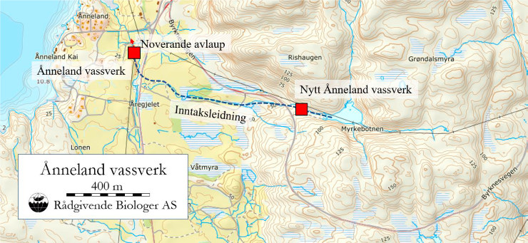 Kart over noverande og nytt &Aring;nneland vassverk med same inntak i vatn i Myrkebotnen. 