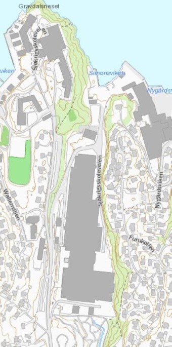 Sjøkrigsskolen 15 er adressa for Simonviken næringspark der Envir Jord AS søkjer om endra løyve Kart over lokaliteten for Simonsviken næringspark, Sjøkrigsskolen 15